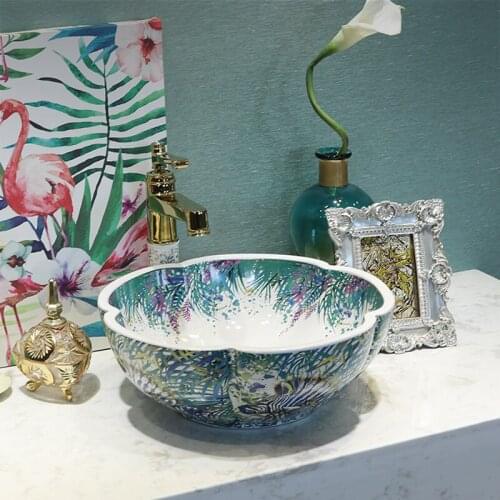 Home & Hotel Decor Artistic porcelain Wash Basin Ceramic Round Coutertop Bathroom Sink flower shape