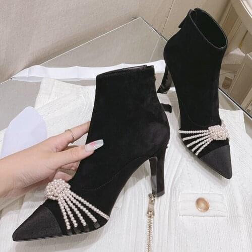 Elegant Luxury Pointed Toe Women Boots Patchwork New Fashion High Heels Leather Shoes Solid Ankle Zip Female Boots