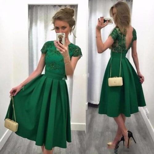 Elegant Green Knee Length Homecoming Dresses A Line With Short Sleeve Prom Gowns Open Back Sequin Lace Women Party Gowns