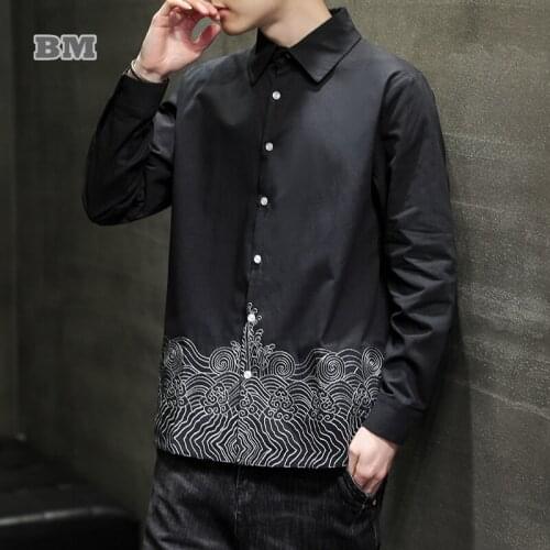Chinese Traditional Clothing Wave Embroidery Shirt Casual Long Sleeve 2021 Fashion Plus Size Thin Coat Men Clothing Harajuku Top