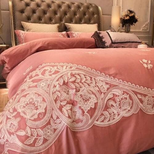 Luxury Solid pink 100S Egyptian cotton Embroidery Bedding sets Queen King Royal Duvet cover Bed sheet set Pillowcases 4/6pcs