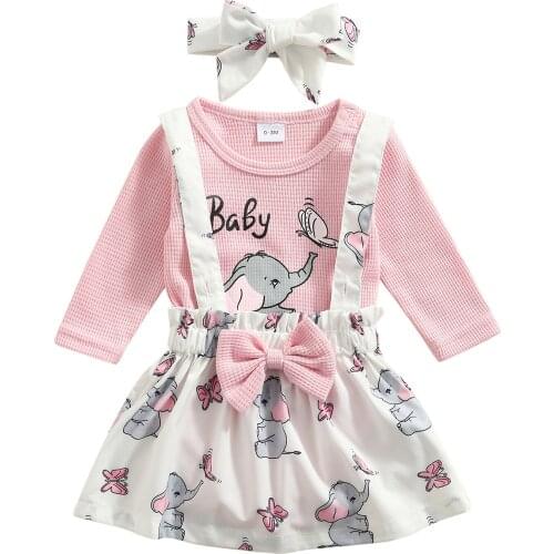 Infant Baby Girl’s Three Piece Suit Cartoon Elephant Long Sleeve Romper and Suspender Skirt & Headband