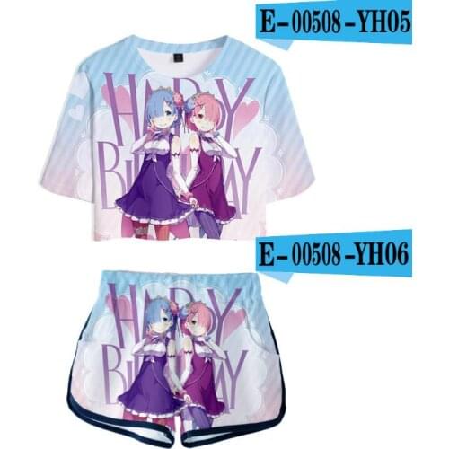 Summer Sexy women Two Pieces sets Re:life in a Different World from Zero T-shirts Pants Dew navel Sport Girls Short cool Suits
