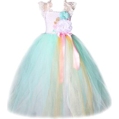 Lace Flower Girl Long Dress Wedding Birthday Tulle Dresses for Girls Princess Tutu Costumes Halloween Kids Turquoise Ball Gown