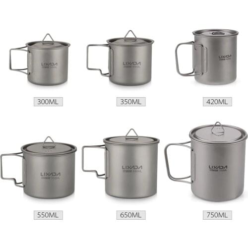 Lixada Ultralight Titanium Water Mug Outdoor Camping Cookware Portable Camping Picnic Tableware Mug with Foldable Handle