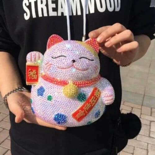 Diamond inlaid lovely piggy bank home decoration ornaments Fortune Cat money box Feng Shui crafts coin bank business gift statue