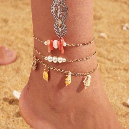 Multilayer Boho Gold Shell Pearl Beads Anklet Set for Women Red Stone White Pearl Charms Beaded Anklet Foot Chain Jewelry 2020
