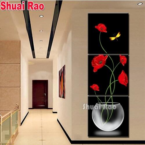 3 pieces abstract Black and red Flower blossom Square Diamond Painting mosaic Wall Art modular pictures living room