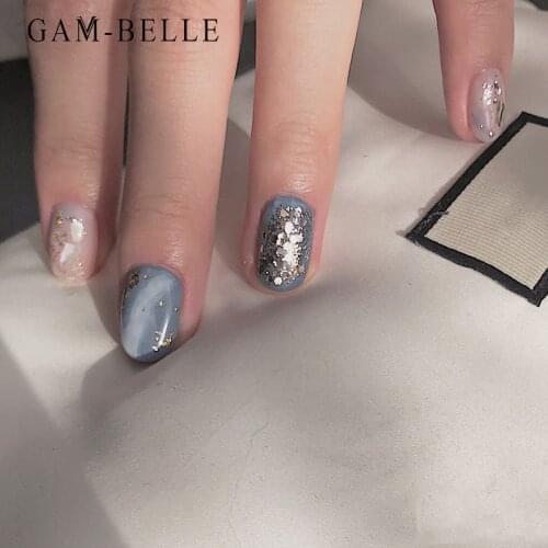 GAM-BELLE Blue Marble Pattern Fake Nails Glitter Foil Decoration Detachable False Nails Ellipse Press On Nails Manicure Tool