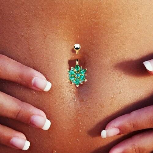 Gold-color Flower Belly Button Ring Fashion Women Body Belly Bar Piercing Navel Jewellry 14G 316L Surgical Steel Bar