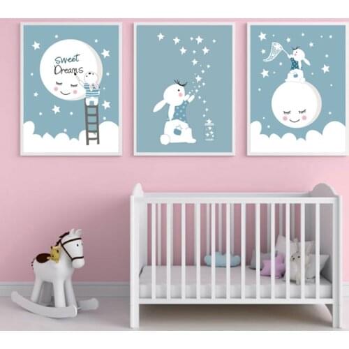 Lovely White Rabbit Poster Animal Print Moon Stars Nursery Wall Art Canvas Painting Nordic Picture Kids Baby Room Decoration