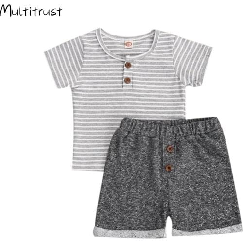 Infant Baby Boys Causal Clothes Sets Grey Striped Print Short Sleeve T Shirts Tops Shorts 0-24M