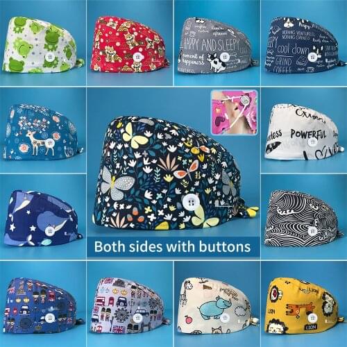 Breathable cute men and women surgical cap fashion cartoon printing beauty salon nursing cap cotton Elastic Beautician cap new