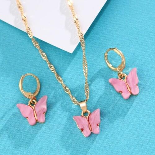 Vintage INS Butterfly Pendant Earring Necklace Jewelry Set Acrylic Animal Colorful Sweet Party Statement Necklace Earring Set