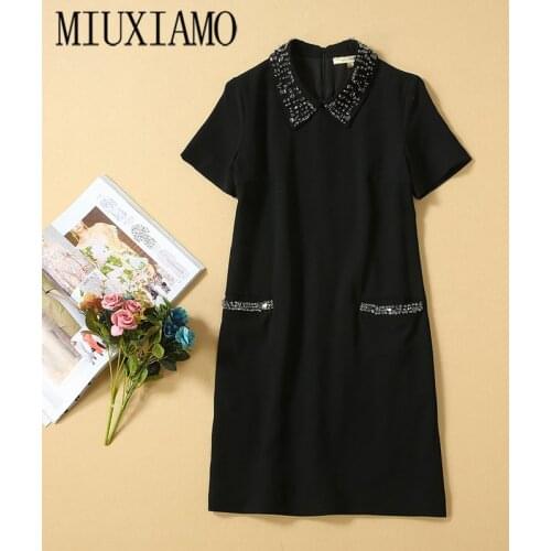 MIUXIMAO High Quailty 2020 Fall Dress Short Sleeve Solid Diamonds Vintage Mid-Calf Casual Slim Black Dress Women