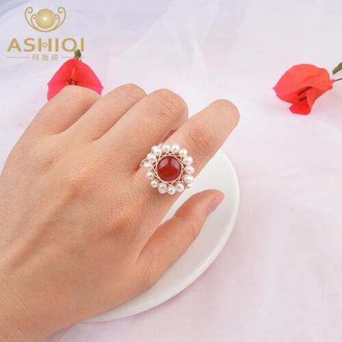 ASHIQI Real Natural Freshwater Pearl Rings For Women 925 Sterling Silver Handmade Design Vintage Agate Jewelry