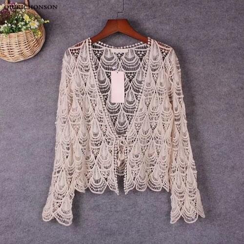 Summer Front Tie Hollow Out Phoenix Flower Crochet Lace Cardigan Women Seven Sleeve Bohemian Crop Tops Ladies Lace Blouses Femme
