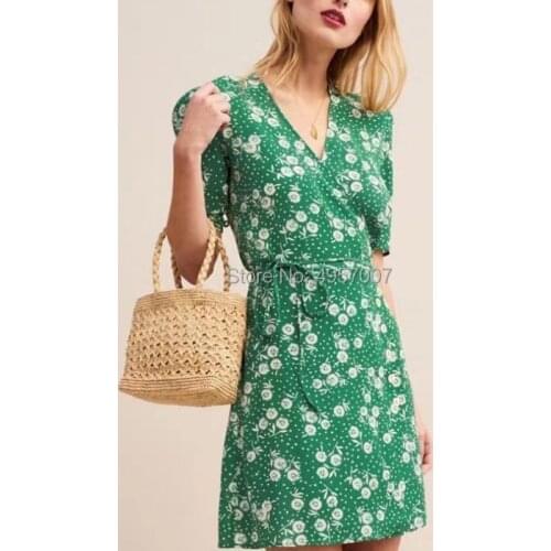 Top Version Green Wrap V Neck Short Sleeve Short Mini Dress Wasit With Ties - 2019ss Elfbop Ladies Casual Fashion Dress