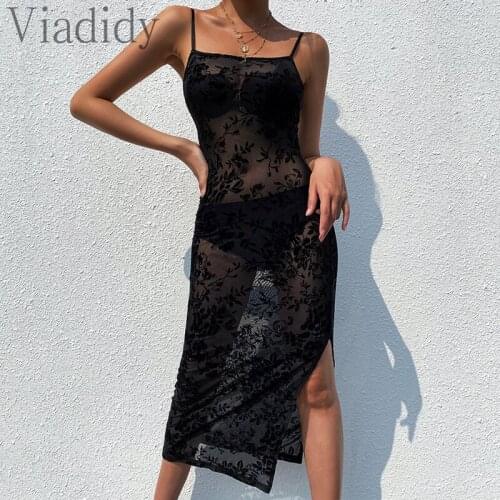 Women Sexy Spaghetti Strap Sheer Mesh Black Side Slit Midi Dress