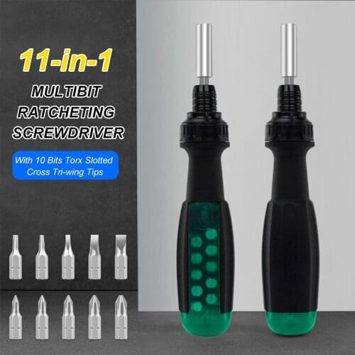 11-in-1 Multibit Screwdrivers Ratcheting Screwdriver Telescoping CR-V Screwdriver with 10 Bit Torx Slotted Cross Triwing Tips
