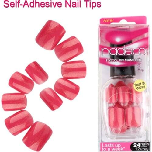 12Sets Full Cover Rose Red Self-Adhesive Fake Nail Polish Tips Pure Color Glitter Glued Nails Pink French Manicure Tips RCP-17