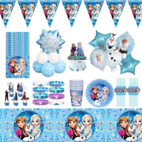 123pcs Disney Frozen Party Set Balloons Paper Cup Plate Straw Napkins For Kids Favor Disposable Dinnerware Supplies Party Gifts