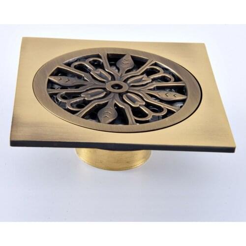 Antique Brass Vintage Carved Flower Pattern Bathroom Shower Drain 4" Square Floor Drain Waste Grates Bathroom Accessory mhr079