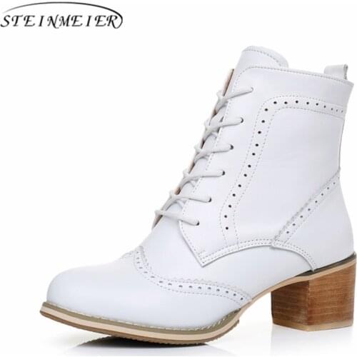 Women genuine Leather Ankle Boots Handmade Comfortable quality soft Shoes Brand Designer with fur white black 2020 winter