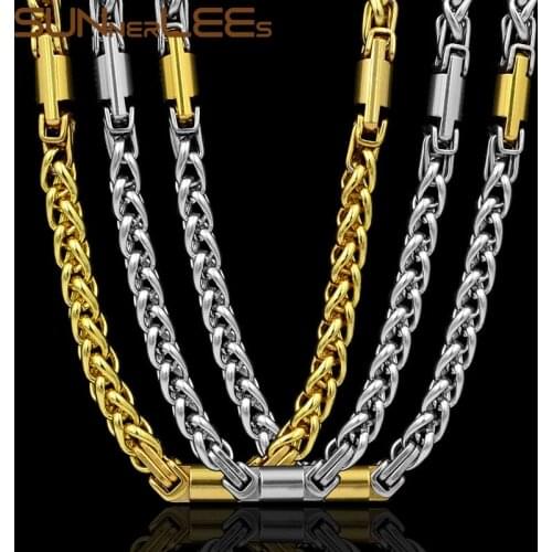 SUNNERLEES Jewelry Stainless Steel Necklace 6mm Geometric Wheat Link Chain Silver Color Gold Plated Men Women Gift SC60