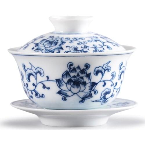 Retro Blue and White Porcelain Gaiwan Teaware Large Hand Painted Cover Bowl Single Sancai Tea Cups Ceramic Chinese Tea Set