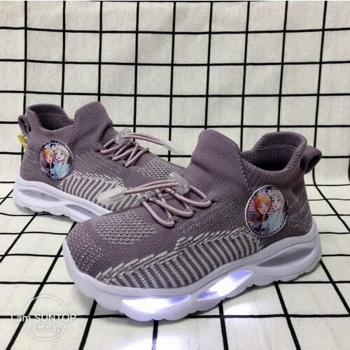 Disney cartoon princess children led flashing casual shoes frozen sports shoes summer flying woven baby girls socks student shoe