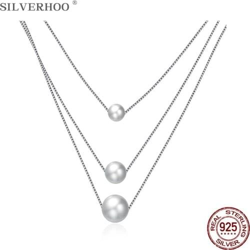SILVERHOO Shell Pearl Necklaces For Women Real 925 Sterling Silver Three Layers Chains Pendant Necklaces Female Luxury Jewelry