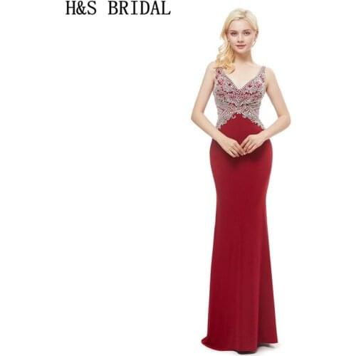 H&S BRIDAL Wine red evening dresses mermaid v neck gown for ladies abiti da cerimonia engagement dresses 2020