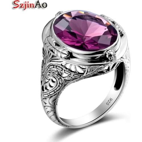 Szjinao Real Mens 925 Silver Ring Big Amethyst Ring For Women Gemstones Unisex Victoria Wieck Wedding Undefined Fine Jewelry