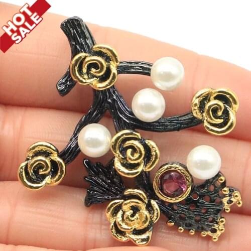 50x43mm Special Tree Shape Created Pink Tourmaline White Pearl Gift For Ladies Black Gold Silver Pendant