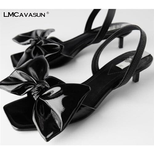 LMCAVASUN summer Bow Patent leather sandals Womens low heel sandals