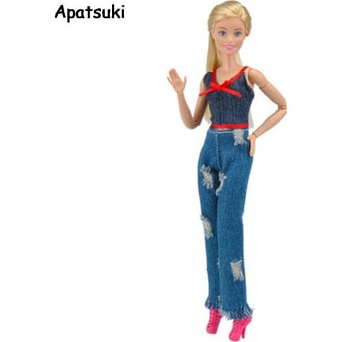Fashion Outfits For Barbie Doll Clothes 1/6 Black Red Top Vest & Jeans Pants Handmade Clothes For Barbie Dollhouse 1/6 Kids Toy