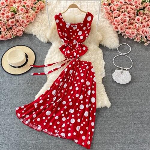 Beach Resort Suit Single-breasted Crop Top Sleeveless High Waist Pleated Skirt Summer