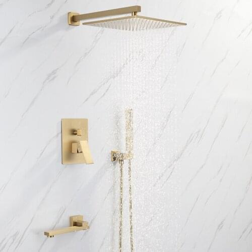 Bathroom Shower faucet set wall mounted rainfall Bathtub faucet set brush gold /gold brass square rain fall style in-wall