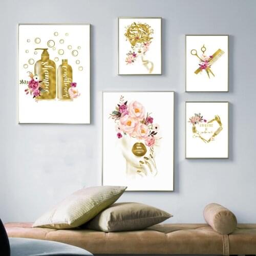 Wall Art Canvas Painting Woman Fashion Salon Flowers Shampoo Barber Nordic Posters And Prints Wall Pictures Barbershop Decor