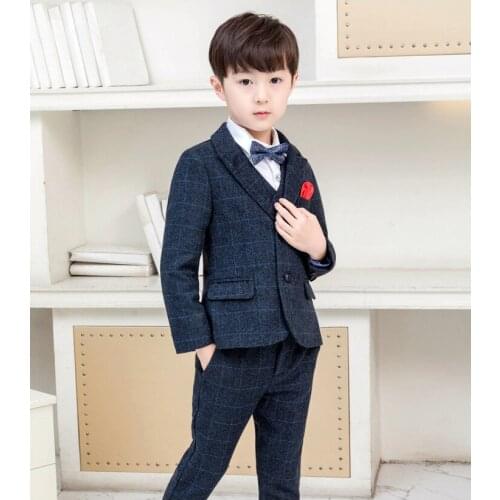Latest Navy Blue Tweed Plaid Boy Suit 2 Piece Set Children Prom Wedding Suits Blazer Kids Formal Tuxedo for Wedding Jacket Pants