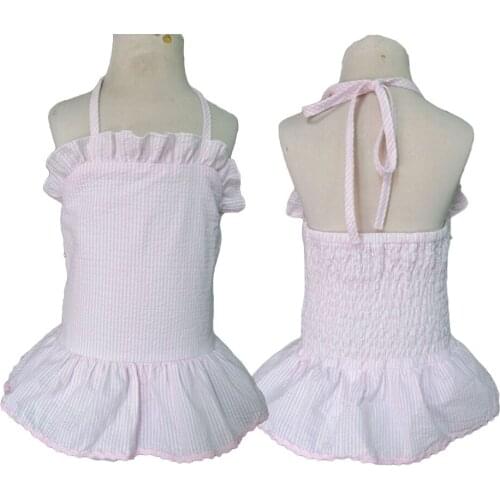 New 100% cotton new girls summer one piece swimsuits ruffle swim wear baby girl swimwear seersucker 2 years kids clothing