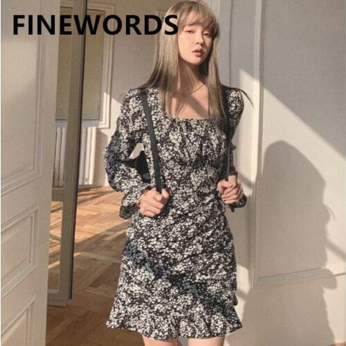 FINEWORDS New Long Sleeve Black Spring Floral Dress Korean Vintage Mini Short Ladies Dresses Sexy Printed Beach Club Party Dress