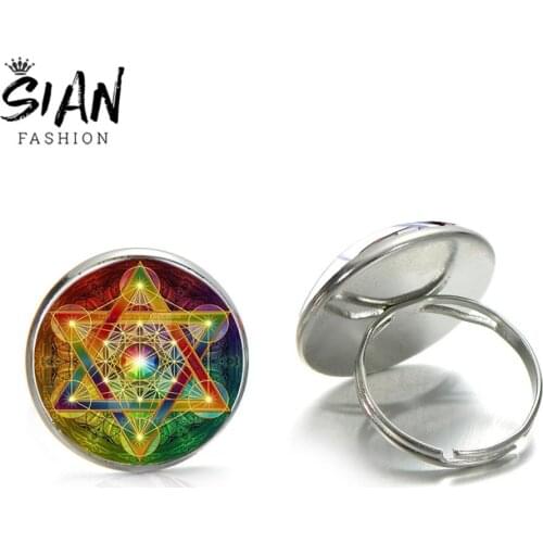 SIAN New Fashion Metatron Cube Sacred Geometry Ring Chakra Spiritual Handmade Glass Dome Resizable Rings Magic Hexagram Jewelry