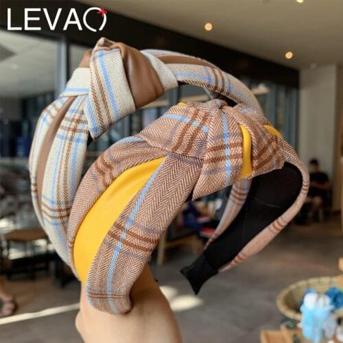 Levao Retro PU Leather Knotted Headband Plaid Print Cross Knot Hairband Bezel New Lattice Hair Hoop for Women Hair Accessories