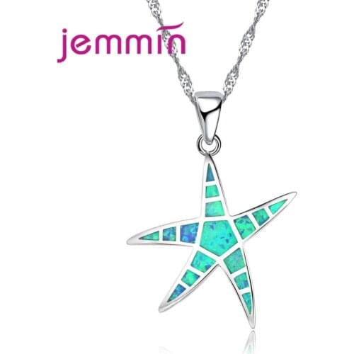 Simple Blue Fire Opal Statement Necklaces For Women Sea Star Shape Sterling Silver Pendants Necklaces Party Jewelry