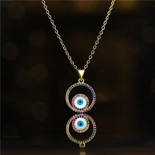 Luxury Rainbow Color CZ Pave Setting Copper Jewelry 2021 New Fashion Lucky Oil Evil Eye Round Charm Pendant Necklace For Women