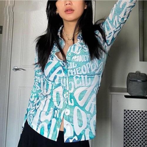 Letter printed long sleeve shirt, fashionable and versatile womens button up Lapel shirt, vintage long sleeve V-neck slim top