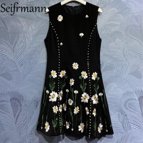 Seifrmann New 2021 Summer Women Fashion Designer Party Mini Dress Sleeveless Gorgeous Embroidery Beading Elegant A-Line Dresses