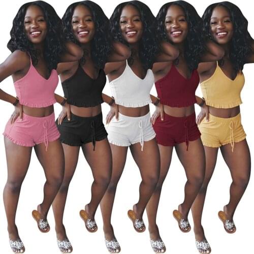 Casual Drawstring Knitted Rib Solid Shorts Two Piece Set Tracksuit Sexy Ruffles Crop Top + Shorts Slim 2 Piece Outfits Workout